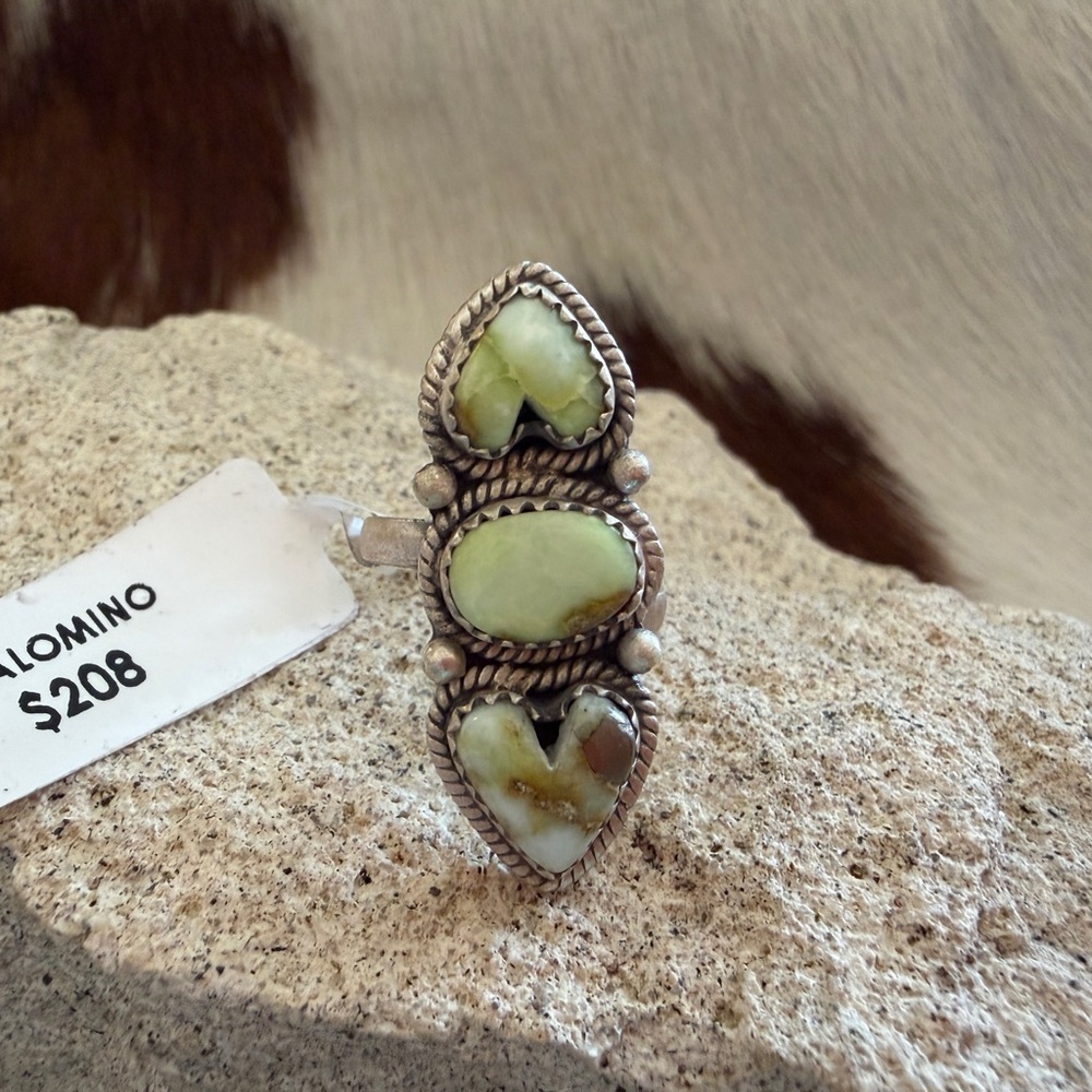 ❤️ Palomino Variscite Navajo 3 Stone Heart Brushed Sterling 925 Adjustable Ring